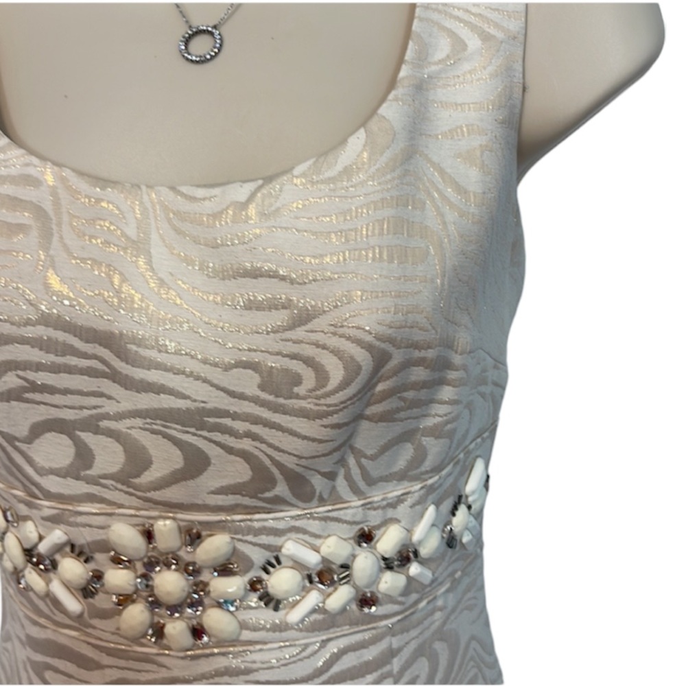 Antonio Melani Cream Metallic Jacquard Jewel Waist Sleeveless Sheath Dress - Picture 3 of 6